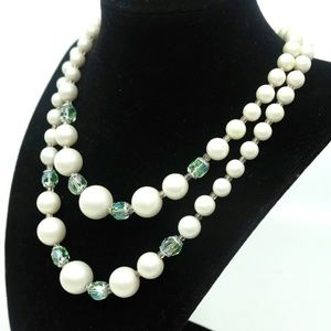VINTAGE MID-CENTURY~ DOUBLE STRAND NECKLACE~FAUX PEARLS & BLUE CRYSTALS~STERLING
